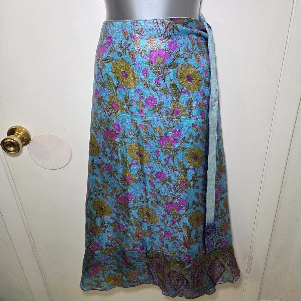 Silk Blend Reversible Wrap Skirt Blue Floral Paisley Boho Sarong Hippie Festival